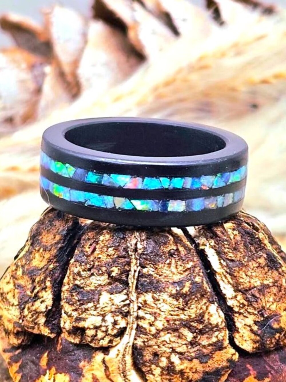 Minimalist Shungite Ring with Flashy Natural Opal Inlay • Size 6